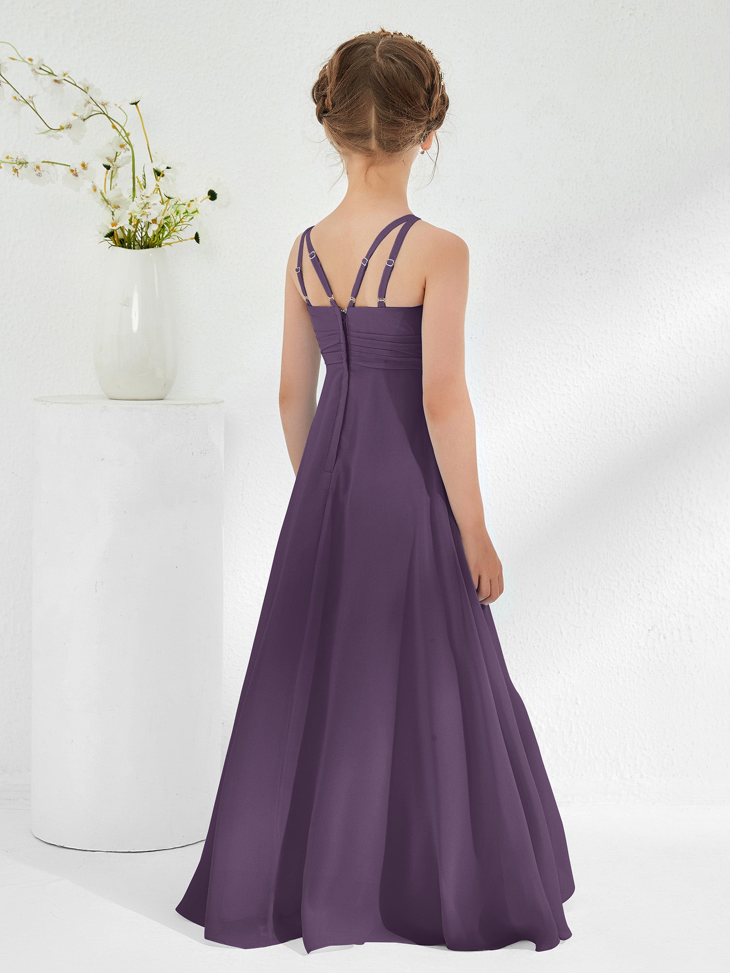 Bateau Neckline Floor-length Junior Bridesmaid Dresses Plum